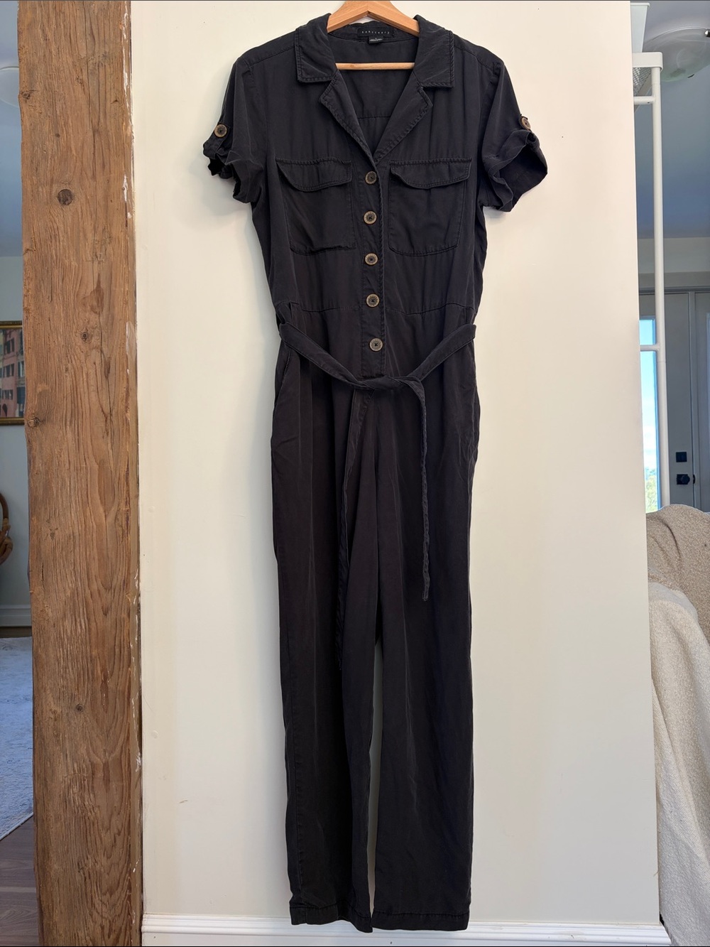 Sanctuary charcoal Short-Sleeve Button Jumpsuit with Tie Waist